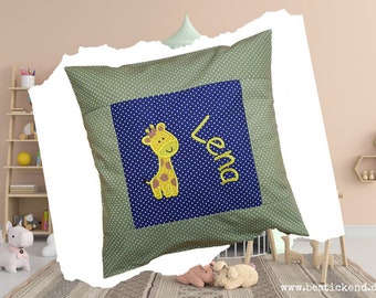 embroidered pillow GIRAFFE + NAME //marine - olive// 40x40 pillowcase gift cuddly pillow cuddle pillow name pillow
