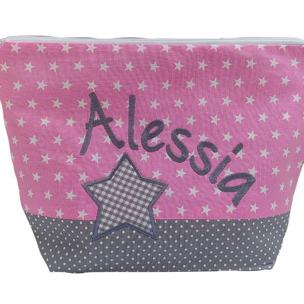 embroidered bag STERN + name //pink - grey// diaper bag toiletry bag diaper bag toiletry bag wash bag 20 fonts cosmetic bag