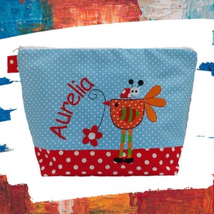 embroidered bag BIRD + name light blue - red diaper bag toiletry bag nappy bag toiletry bag wash bag 20 fonts cosmetic bag