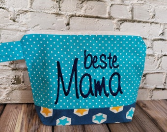 bolso bordado BEST MAMA //navy - turquesa//bolsa de cosméticos bolsa de maquillaje bolsa de maquillaje declaración regalo de complemento (40)