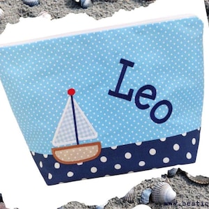 embroidered bag SAILBOAT + name //light blue - navy// diaper bag toiletry bag nappy bag toiletry bag wash bag 20 fonts