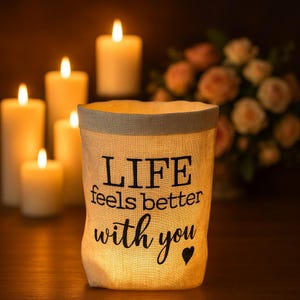 Embroidered lantern &quot;LIFE feels better&quot; //free color choice// - light bag, candle glass, decoration, table decoration, party, tealight, lantern, girlfriend