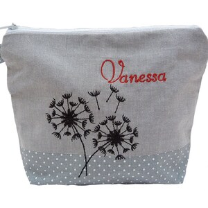 bestickte Tasche PUSTEBLUME NAME grau Schminktasche Kulturtasche Kosmetiktasche Makeup-Bag Wunschname personalisiert Geschenk Bild 1