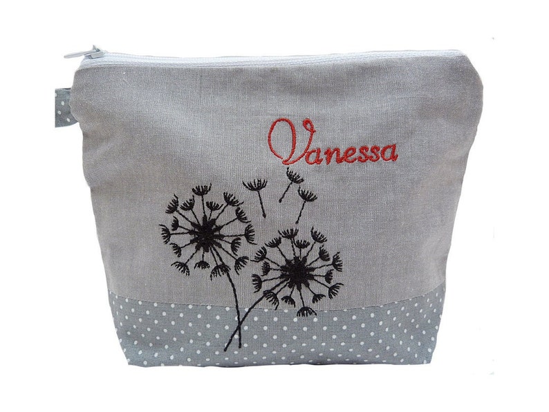 bestickte Tasche PUSTEBLUME NAME grau Schminktasche Kulturtasche Kosmetiktasche Makeup-Bag Wunschname personalisiert Geschenk Bild 1