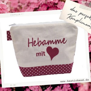bestickte Tasche HEBAMME mit HERZ /bordeaux – natur/ Kosmetiktasche Kulturtasche Schminktasche Makeup-Bag Statement Kompliment Geschenk (43)