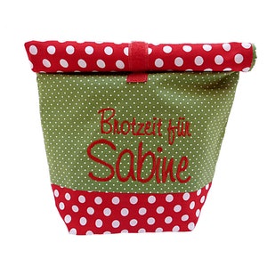 Lancheira bordada *** "Hora do almoço para + NOME" //verde - vermelho// Lancheira, bolsa de piquenique, bolsa para pão, bolsa de viagem, 24 fontes, presente