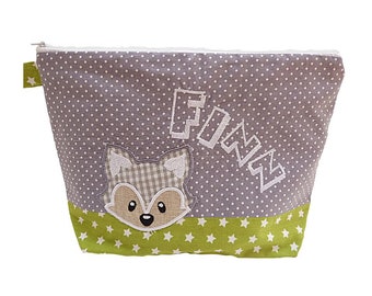 embroidered bag FUCHS + NAME //grey - kiwi// diaper bag wash bag diaper bag wash bag wash bag 20 fonts cosmetic bag