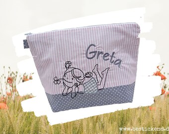 Embroidered bag DREAMING + Name /pink - grey/ changing bag toiletry bag diaper bag toiletry bag wash bag 20 fonts cosmetic bag