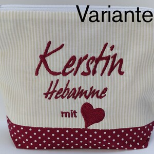 bestickte Tasche HEBAMME mit HERZ NAME //bordeaux natur// Kosmetikasche Schminktasche Kulturtasche Reisetasche Makeup-Bag 20 Schriften Bild 6