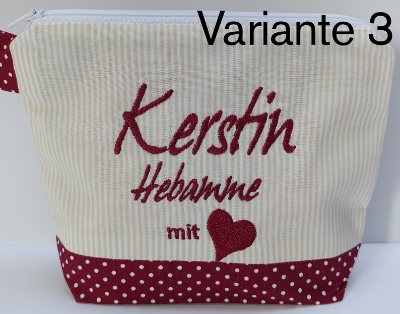 bestickte Tasche HEBAMME mit HERZ NAME //bordeaux natur// Kosmetikasche Schminktasche Kulturtasche Reisetasche Makeup-Bag 20 Schriften Bild 6