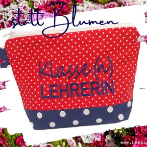 bestickte Tasche KLASSE(N)LEHRERIN  //rot - marine// Kosmetiktasche Kulturtasche Schminktasche Makeup-Bag Statement Kompliment Geschenk (04)