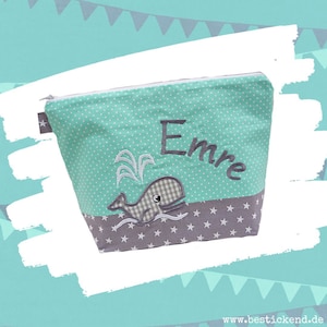 bestickte Tasche WAL + Name  //mint - grau//  Wickeltasche Kulturbeutel Windeltasche Kulturtasche Waschtasche 20 Schriftarten Kosmetiktasche