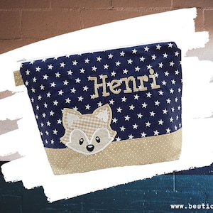 bestickte Tasche FUCHS + Name //marine - natur// Wickeltasche Kulturbeutel Windeltasche Kulturtasche Waschtasche 20 Schriften Kosmetiktasche