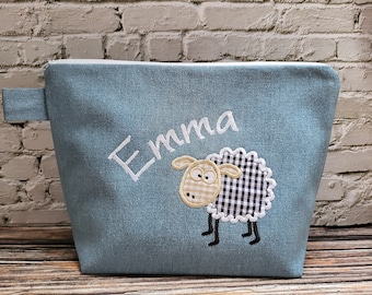 embroidered bag SHEEP + name //Jeans// diaper bag toiletry bag nappy bag toiletry bag wash bag 20 fonts cosmetic bag