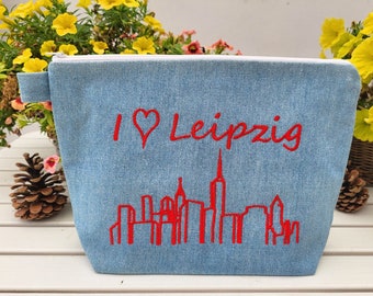 SALE - bestickte Tasche "I love LEIPZIG" *Jeans* Wickeltasche Kulturbeutel Ausverkauf Windeltasche Kulturtasche Waschtasche /Expressversand/