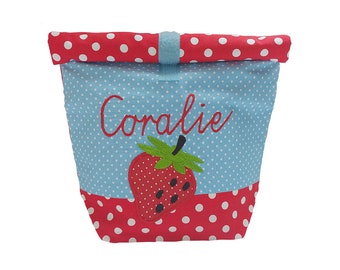 embroidered lunch bag STRAWBERRY + NAME light blue - red lunchbox, picnic bag breakfast bag bread bag bag personalized 20 fonts
