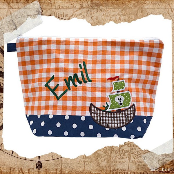 embroidered bag PIRATE SHIP + name //navy - orange// diaper bag toiletry bag diaper bag toiletry bag wash bag 20 fonts