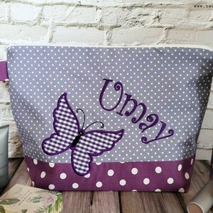 embroidered bag BUTTERFLY + name /purple - grey/ changing bag toiletry bag diaper bag toiletry bag wash bag 20 fonts cosmetic
