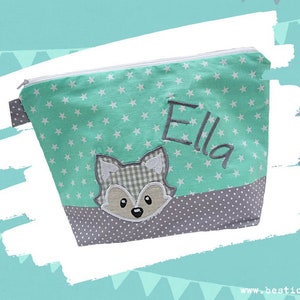 bestickte Tasche FUCHS + Name //grau - mint// Wickeltasche Kulturbeutel Windeltasche Kulturtasche Waschtasche 20 Schriftarten Kosmetiktasche