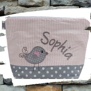 sac brodé OISEAUX + nom /rose - gris/ sac à langer trousse de toilette trousse de toilette sac à langer 20 polices cadeau