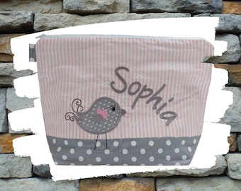 embroidered bag BIRDS + name /pink - gray/ diaper bag toiletry bag wash bag diaper bag 20 fonts gift