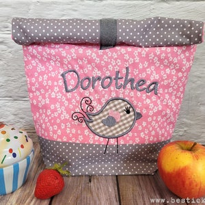 embroidered lunch bag BIRD + name //pink - grey// lunch box picnic bag breakfast bag bread bag bag 20 fonts gift