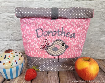 borsa per il pranzo ricamata BIRD + nome //rosa - grigio// scatola per il pranzo borsa da picnic borsa per la colazione borsa per il pane borsa 20 caratteri regalo