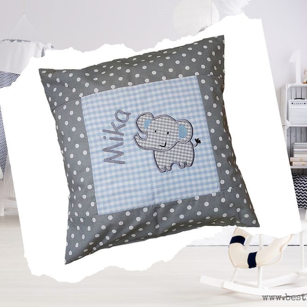 besticktes Kissen ELEFANT + NAME   //hellblau - grau//   40x40 Kissenbezug Geschenk Schmusekissen Kuschelkissen Namenskissen