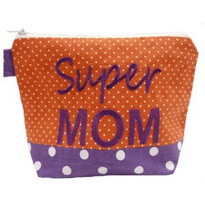 bestickte Tasche SUPER MOM orange - violett Kosmetiktasche Kulturtasche Schminktasche Makeup-Bag Statement Kompliment Geschenk (33)