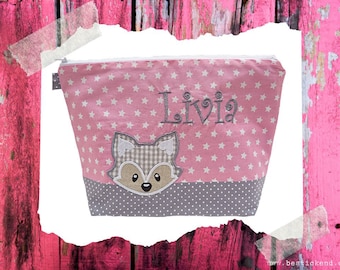 borsa ricamata FUCHS + nome ** rosa - grigio ** borsa per pannolini borsa da toilette borsa per pannolini borsa da toilette borsa da bagno 20 caratteri borsa cosmetica