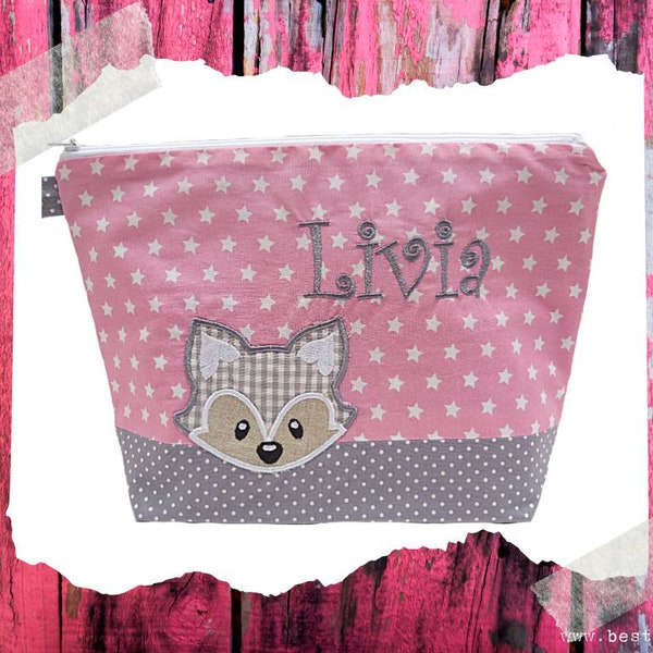 embroidered bag FUCHS + name ** pink - gray ** diaper bag toiletry bag diaper bag toiletry bag wash bag 20 fonts cosmetic bag