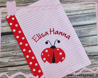 embroidered notebook cover A5 *** BEETLE + name *** //pink - red// (inner compartment - 20 fonts - washable) U-book * HA-book * notepad