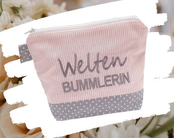 embroidered bag WORLDBUMMLERIN //pink - gray//cosmetic bag toiletry bag make-up bag makeup bag statement compliment gift (41)