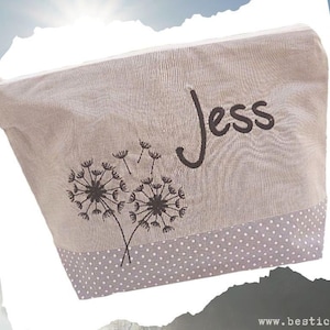 bestickte Tasche PUSTEBLUME + Name  //grau//  Wickeltasche Kulturbeutel Windeltasche Kulturtasche Waschtasche 20 Schriften Kosmetiktasche