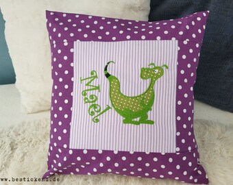 embroidered pillow DINO + NAME //lilac// 40x40 pillowcase gift cuddly pillow cuddle pillow name pillow