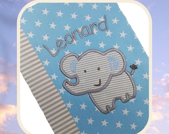 embroidered book cover A5 *** ELEPHANT + name *** // light blue - gray // (inner compartment - 20 fonts - washable) U-Heft * HA-Heft * blotter