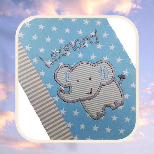 embroidered book cover A5 *** ELEPHANT + name *** // light blue - gray // (inner compartment - 20 fonts - washable) U-Heft * HA-Heft * blotter