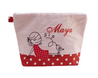 bolsa bordada CHICA con BIRD + nombre rosa - bolsa de pañales roja bolsa de tocador bolsa de pañal bolsa de tocador 20 fuentes bolsa cosmética