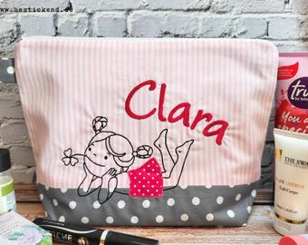 embroidered bag DREAMING + Name //pink - grey// diaper bag toiletry bag nappy bag toiletry bag wash bag 20 fonts cosmetic bag