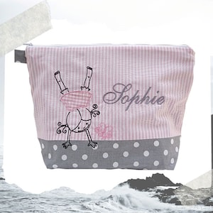 bestickte Tasche HANDSTAND + Name /rosa - grau/ Wickeltasche Kulturbeutel Windeltasche Kulturtasche Waschtasche 20 Schriften Kosmetiktasche