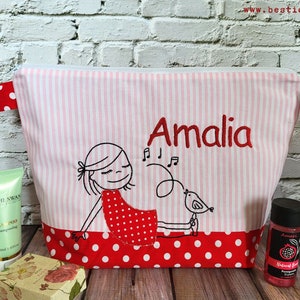 bestickte Tasche MÄDCHEN mit VOGEL + Name //rosa - rot// Wickeltasche Kulturbeutel Windeltasche Kulturtasche 20 Schriftarten Kosmetiktasche