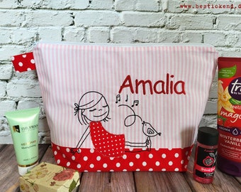 embroidered bag GIRL with BIRD + name //pink - red// diaper bag toiletry bag nappy bag toiletry bag 20 fonts cosmetic bag