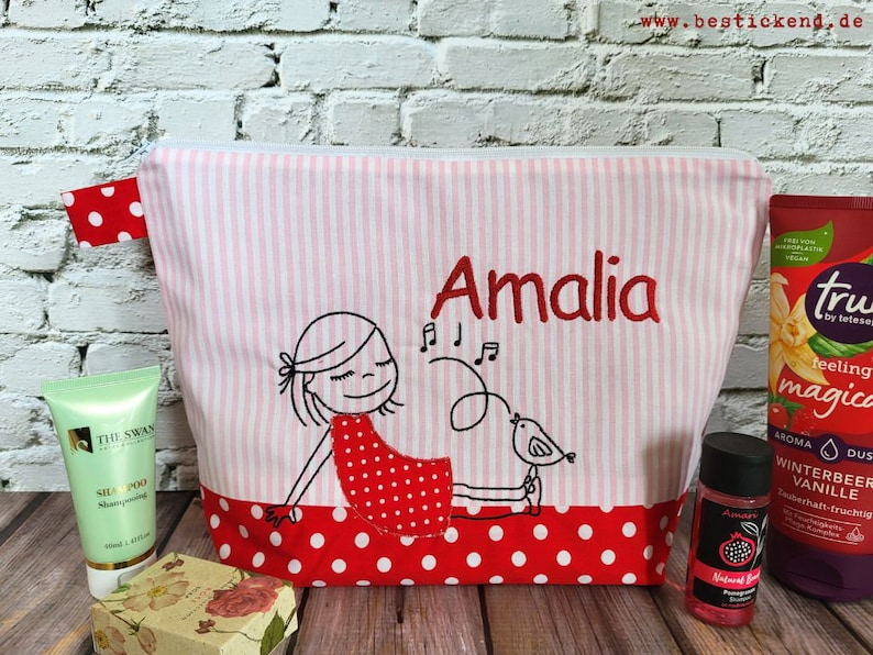 embroidered bag GIRL with BIRD name //pink red// diaper bag toiletry bag nappy bag toiletry bag 20 fonts cosmetic bag image 1