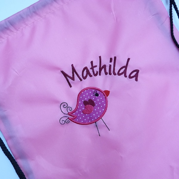 embroidered gym bag VÖGELCHEN for kindergarten, crib, school, swimming, travel, gift, water repellent, many colors + fonts