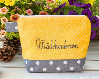 embroidered bag GIRLS' STUFF //yellow - grey// cosmetic bag toiletry bag make-up bag statement compliment gift (08)