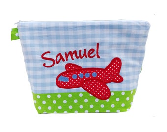embroidered bag AIRPLANE + name light blue - kiwi diaper bag toiletry bag diaper bag toiletry bag wash bag 20 fonts cosmetic bag