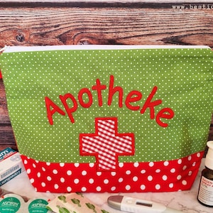 bestickte APOTHEKE - ReiseAPOTHEKE //rot - grün// Geschenk Notfalltasche erste Hilfe first aid kit Notfall Reisefieber Medikamente