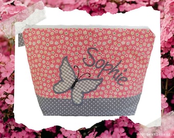 embroidered bag BUTTERFLY + name //pink - grey// diaper bag toiletry bag wash bag nappy bag gift