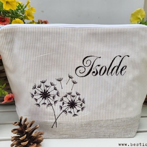 bestickte Tasche PUSTEBLUME + Name Leinen natur Wickeltasche Kulturbeutel Windeltasche Kulturtasche Waschtasche 20 Schriften Kosmetiktasche