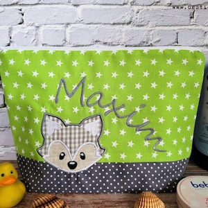 bestickte Tasche FUCHS + Name //grau - kiwi// Wickeltasche Kulturbeutel Windeltasche Kulturtasche Waschtasche 20 Schriftarten Kosmetiktasche